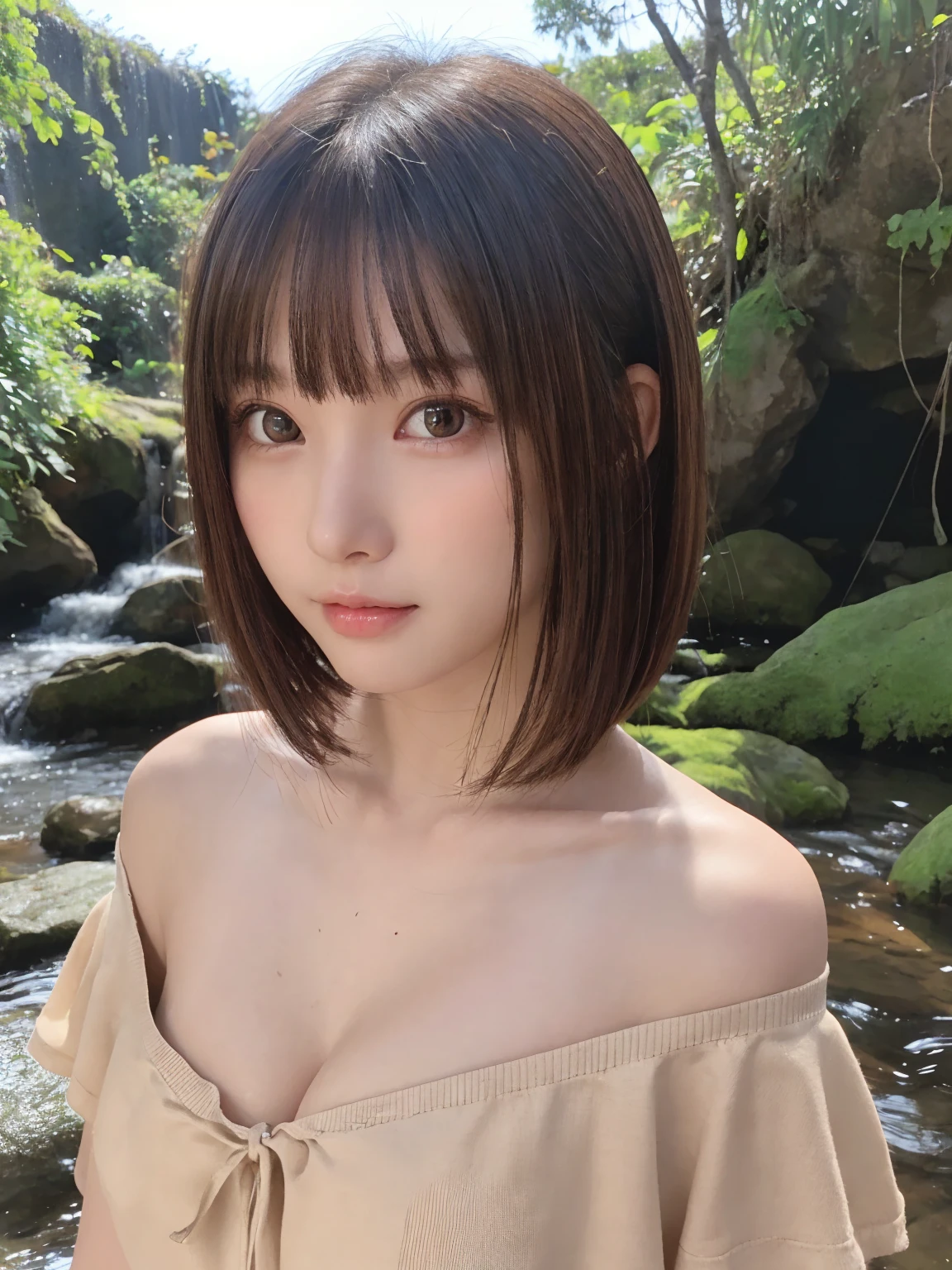One Girl, (beautiful girl, Delicate girl:1.3), (:1.3),
break, (string、Off-the-shoulder tops:1.2),
break, (Small waterfall background:1.2),
break, Very beautiful eyes, (Symmetrical eyes:1.3),
break, (Big Breasts:1.1), Brown eyes, Parted bangs, Brown bob cut hair, Round face, cute,
break, (Eye and facial details:1.0),
break, (masterpiece, Highest quality, Very detailed, Detailed face, 8K)