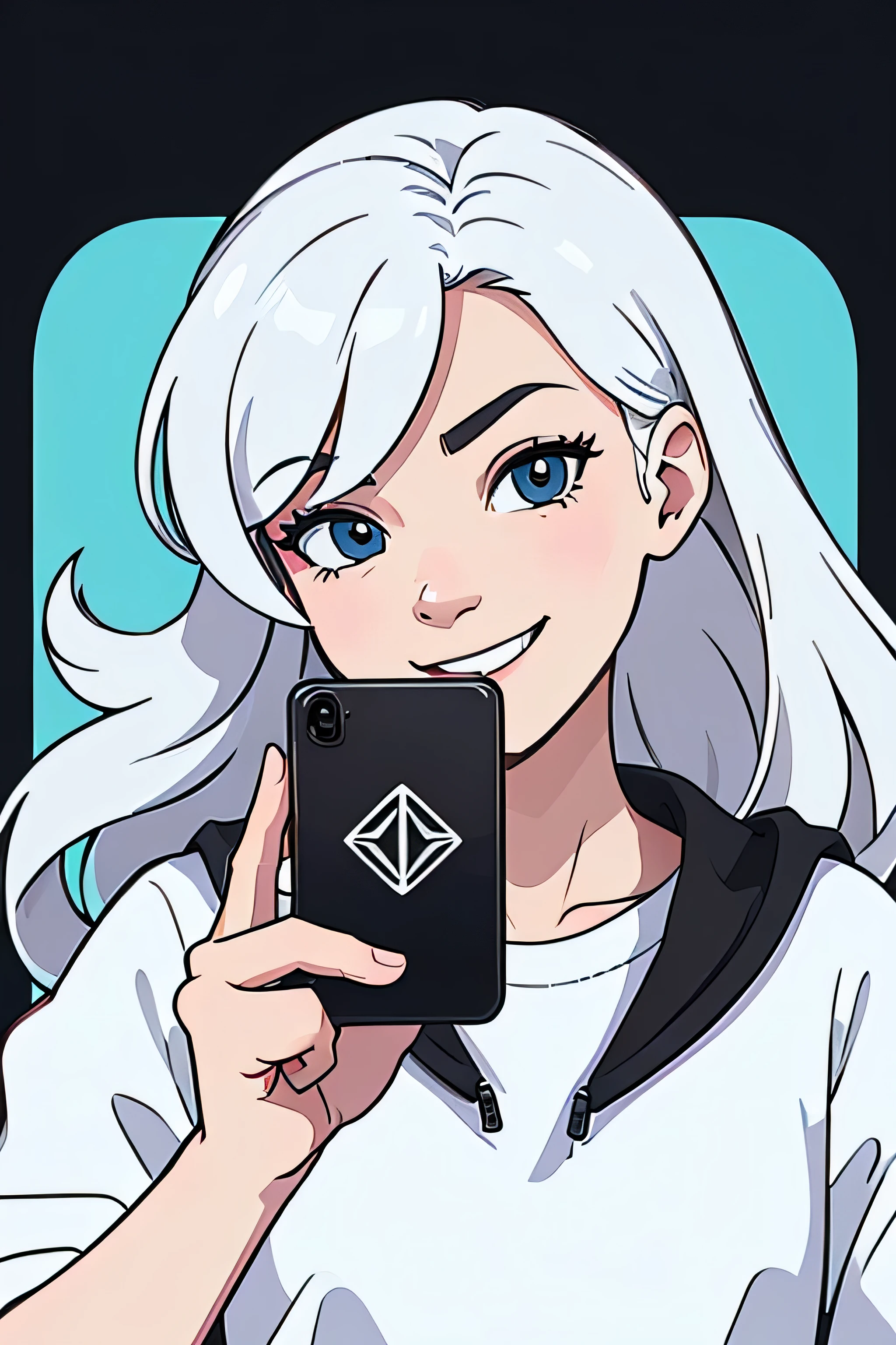 "A person holding a smartphone in their hand, showing the screen to the camera, clear and bright display, modern setting, vector graphic style, minimalist design, clean lines, bold colors, friendly smile, simple and stylized background, logo format"