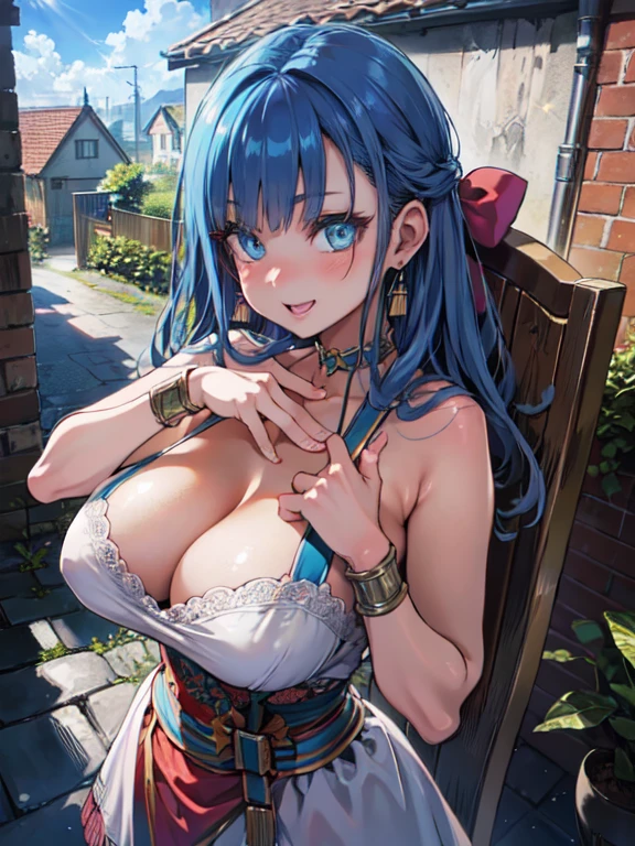 (portrait), spread armpit, (upper body:1.2), (from above:1.2),((close up head)),
Black,1woman,dq,flora,(Ultra-high resolution),Sharp focus,(Super detailed,Very detailed),(Very detailed CG unity 8k wallpaper),(((Vibrant colors))),
((Highest quality)),Sharp focus,Perfect Face,{best illustration},((complete anatomy)),(Huge hips:1.1),(Huge breasts, Glamour:1.1),
Official Art,((Detailed body)),(Detailed face)), cute,erotic,Bold,(complete anatomy),Perfect Fingers,
very shiny 肌,Shiny body,plastic glitter 肌,exaggerated shiny 肌,illuminated 肌,
(Realistic eyes,Perfect Fingers,Beautiful Eyes,Symmetrical eyes, Natural skin texture, Realistic facial details),
hair bow, bracelet, choker, earrings,
long dress, sash,smile, Open your mouth,
Country town,((Two-story house with blue walls,Flower-filled path,Potted plants and antique chair,Sunlight filtering through the cobblestones,Slate roofing,Red framed window,Blue sky and clouds)),