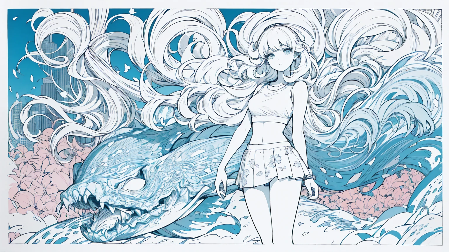 (masterpiece, best quality), beautiful woman, soft light, crop-top with floral pattern, short skirt, cleveage, wavy hair, ponytail, asymmetrical bangs, perfect face, beautiful face, alluring, big gorgeous eyes, soft smile, perfect slim fit body, outdoors, standing, abstract background, bright colors, (risograph), full body shot, fullbody, medium breasts, solo, cleveage, sexy