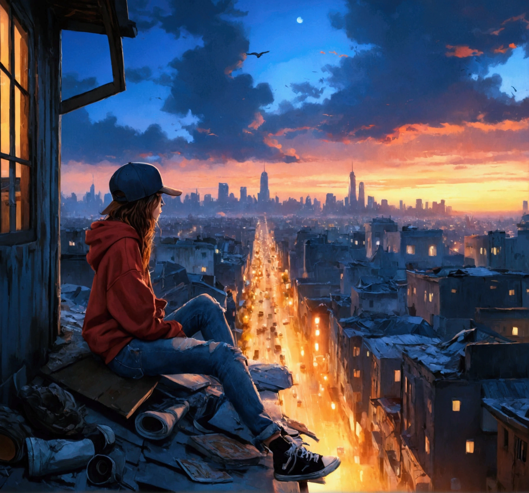 masterpiece, Best quality, official art, 8k wallpaper, Very detailed, 1 woman, Street style, cap with crown on head, Tattered jeans, group, Sitting on the roof of the house, against the backdrop of the night city, Cinematic lighting, many city lights