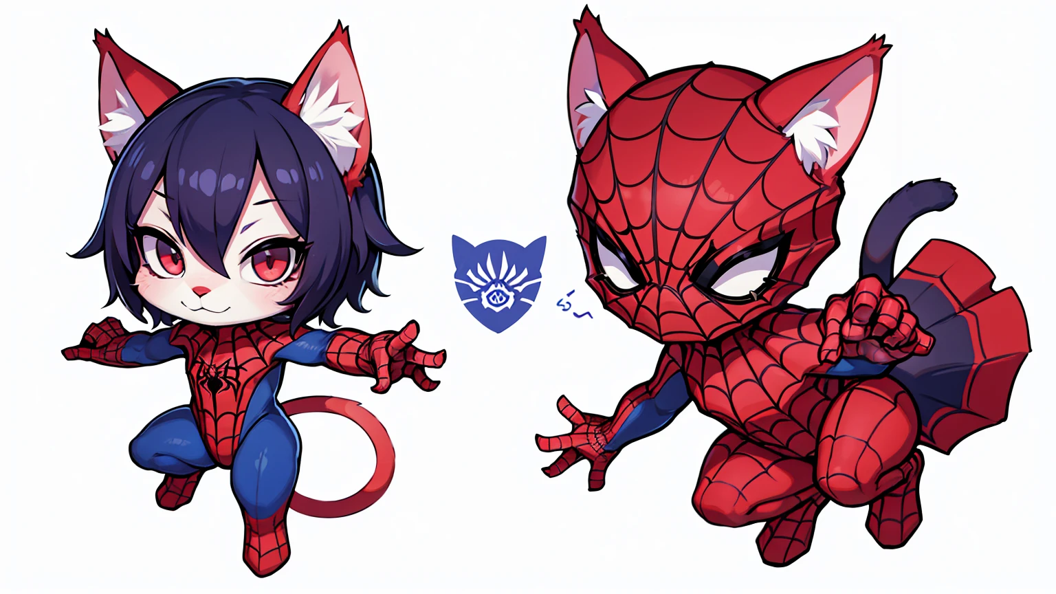 a character game, cat ears, furry, inspired by superman, (full body:1.2) , chibi, advanced digital chibi art, g liulian art style, maplestory mouse, bian lian, chibi art, league of legends art style, character art of maple story, ((view at the viewer)), (((spiderman costume))), ((white background)), simple background