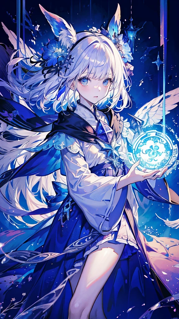 Highest quality,masterpiece,colorful,The background is the World Tree,Transparency,Use HDR technology to create a sense of depth,beautiful,beautiful自然,5 girl,Wearing a wizard's robe,He holds a magic wand in his right hand, holding it high,Narrow and gentle eyes,mysterious,Silver hair decorated with blue flowers,Fantasy atmosphere,beautiful虹色の蝶々is flying in the air,Star-shaped magic circle