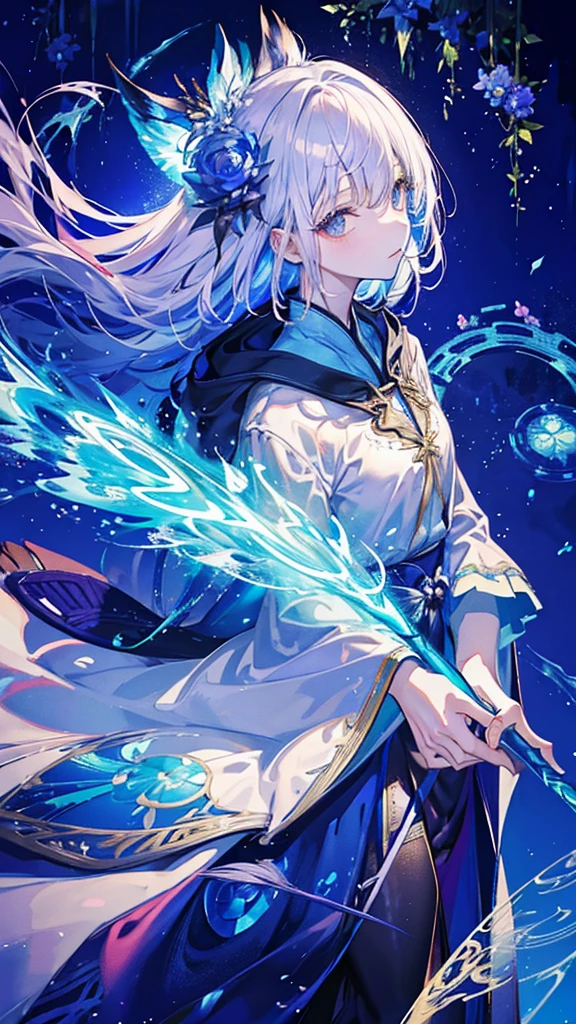 Highest quality,masterpiece,colorful,The background is the World Tree,Transparency,Use HDR technology to create a sense of depth,beautiful,beautiful自然,5 year old girl,Wearing a wizard's robe,He holds a magic wand in his right hand, holding it high,Narrow and gentle eyes,mysterious,Silver hair decorated with blue flowers,Fantasy atmosphere,beautiful虹色の蝶々is flying in the air,Star-shaped magic circle