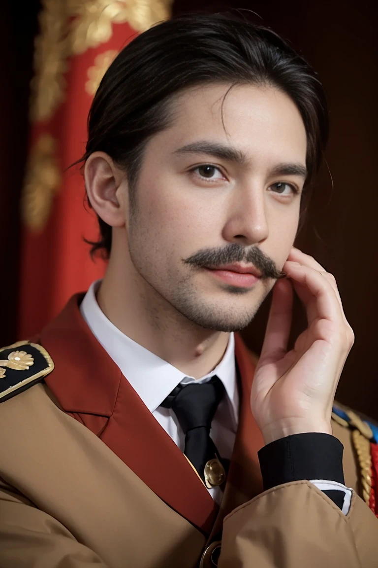 35-year-old German male，37 hair style（Hair is somewhat thinning），With a mustache（no beard on chin），Wearing brown military uniform，A red armband on the right arm，Raise your hands straight forward at 45 degrees，Serious expression