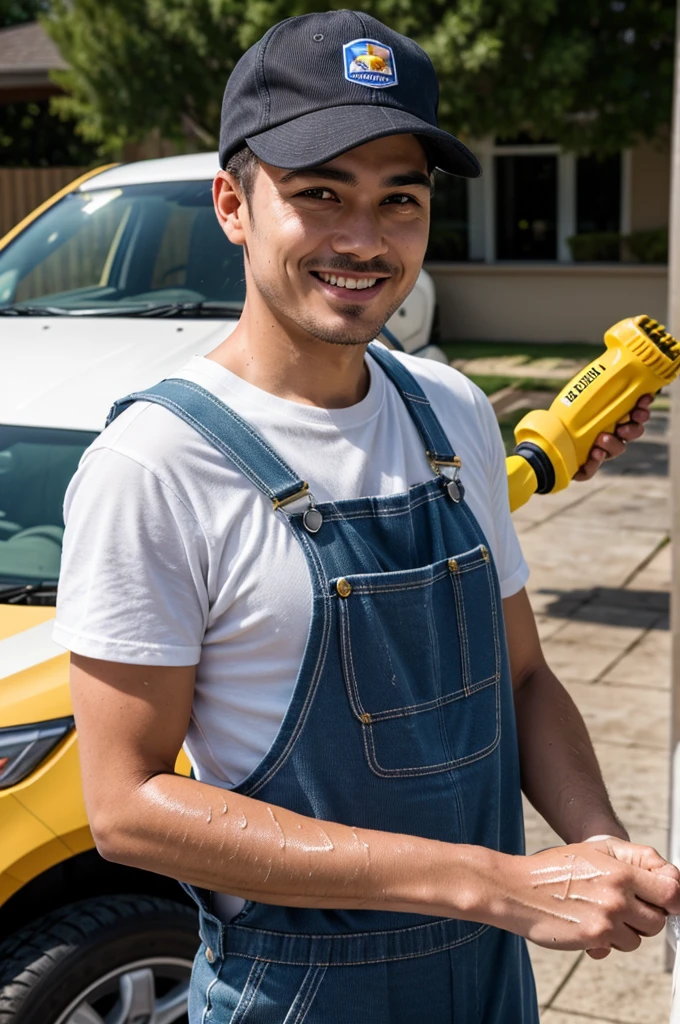 ((best quality)), ((masterpiece)), (detailed), ((1man)) facing the camera ,wearing cap ,((wearing 
overalls)) , using water karcher , smirk ,focus , washing car