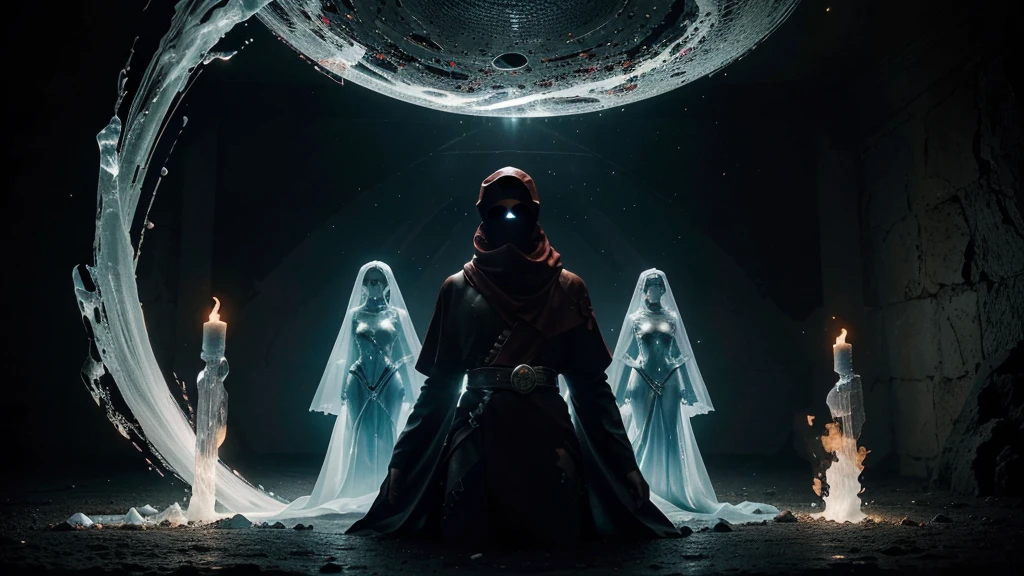The portrayal of four distinct elements - red fire, blue water, white wind, and green earth - encapsulated within individual magic crystal orbs. Each element is personified by a ghost-like figure formed of the said element. The features of these elemental spirits are accentuated with a high degree of clarity and detail, in a resolution equivalent to 16K. The design of these characters is presented with superior quality. The setting is a dark room, providing a sharp contrast to these ethereal figures. The overall composition is dramatic, filled with luminous effects and elements of High Dynamic Range, adding depth and vibrancy to the scene. No writing is present in the image.