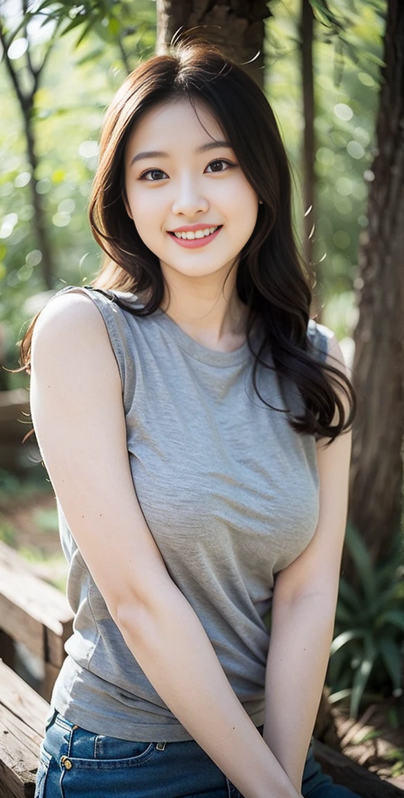 Highest quality, 1 beautiful woman, 28 years old,  Large breast bulges, s, 35mm lens, F/1, Cowboy shot, Specific Background、(A girl in the forest), Perm、sweat　((light gray shirt)), sleeveless,(a charming smile:1.2), 