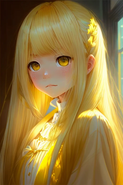 One girl, alone, woman, (Tolerate野_Tolerate),(blonde) (blonde_hair), (gold_hair), ((length_hair)), ((前hair)), (yellow_eye), blush, cute, Love&#39;s Cheek, Innocent face, pointed_ear, (blush_Stickers), flat_Big breasts, Narrow waist, dress,