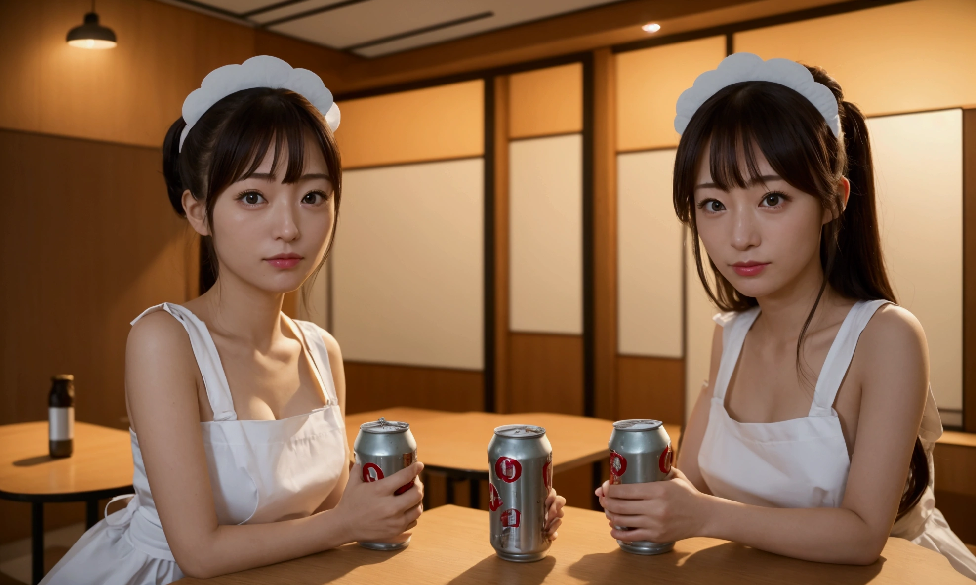 There were two women sitting at a table with beer cans., in a Japanese apartment, japanese tv show, Japanese maid cafe, 8K calm conversations, With subtitles, drinking, They are very serious.
