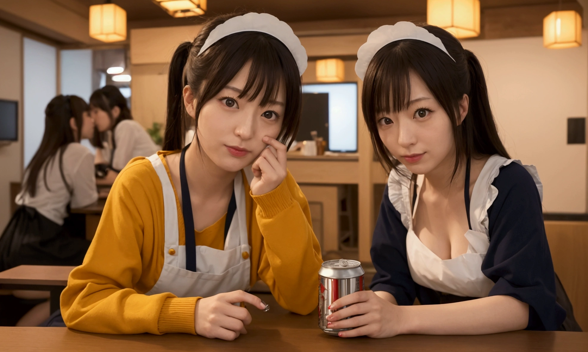 There were two women sitting at a table with beer cans., in a Japanese apartment, japanese tv show, Japanese maid cafe, 8K calm conversations, With subtitles, drinking, They are very serious.