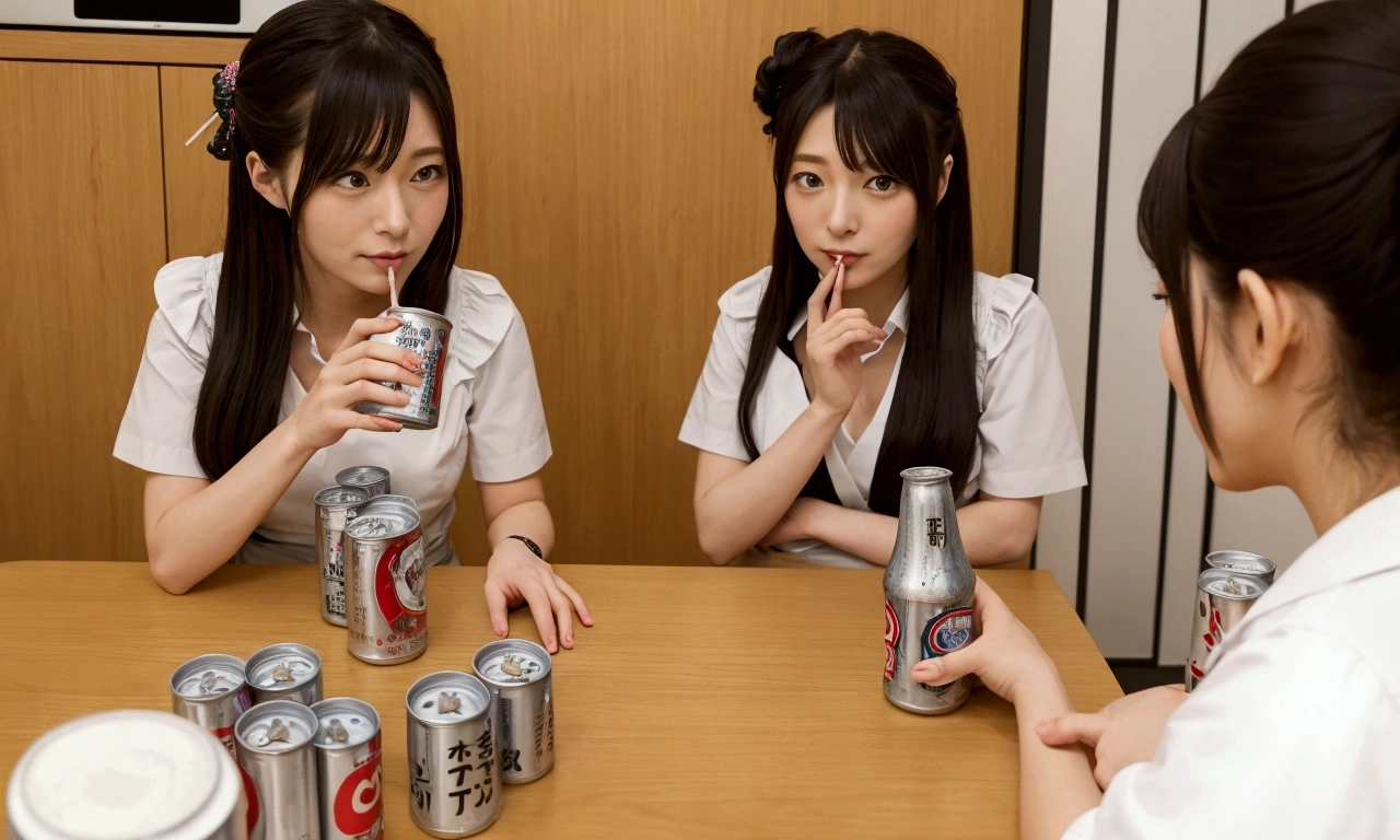 There were two women sitting at a table with beer cans., in a Japanese apartment, japanese tv show, Japanese maid cafe, 8K calm conversations, With subtitles, drinking, They are very serious.