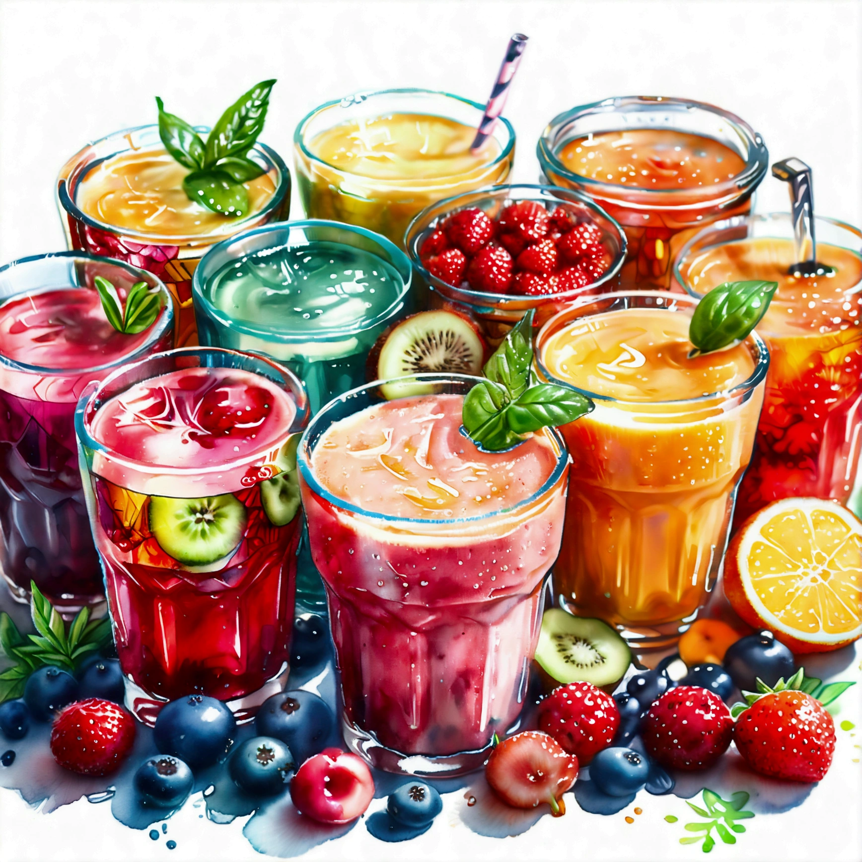 there are many types of colorful healthy drinks served in glasses, the glasses sitting on a surface, juices, smoothie and infused water , illustration, isolated with solid white background, surrounded with negative space, centered composition, highest detailed painting, very precise line, Isolated, clear solid white background, perspective angle of view, ((watercolor:1.5)), (lora:add-detail-xl:1), (masterpiece), (best quality), no bread on the floor, washed out color, (ghibli)