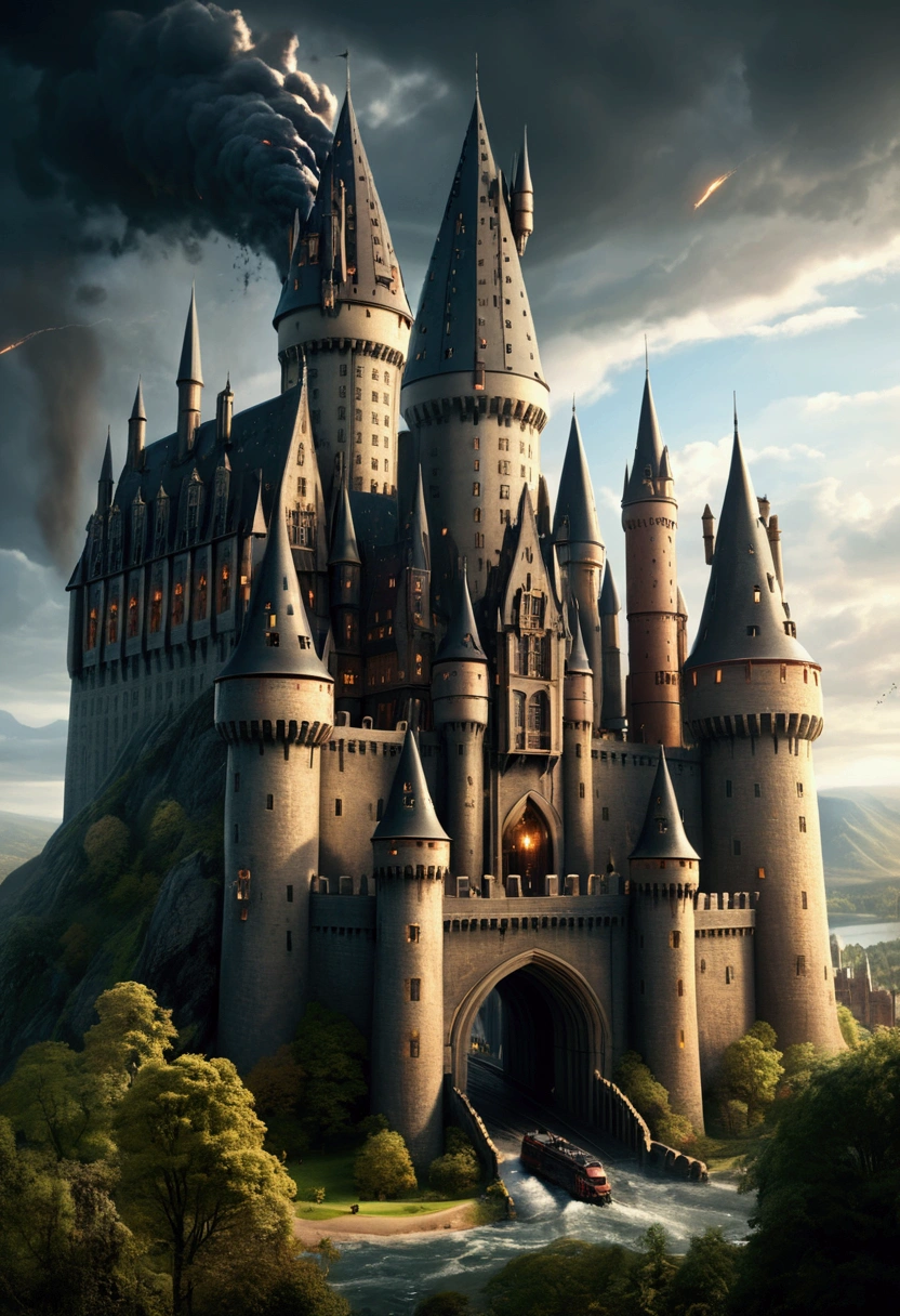 (a beautiful fantasy landscape,a magical castle under attack,Hogwarts castle,gigantic robots attacking the castle,intricate architecture,dramatic lighting,moody atmosphere,cinematic composition,epic scale,highly detailed,award winning)