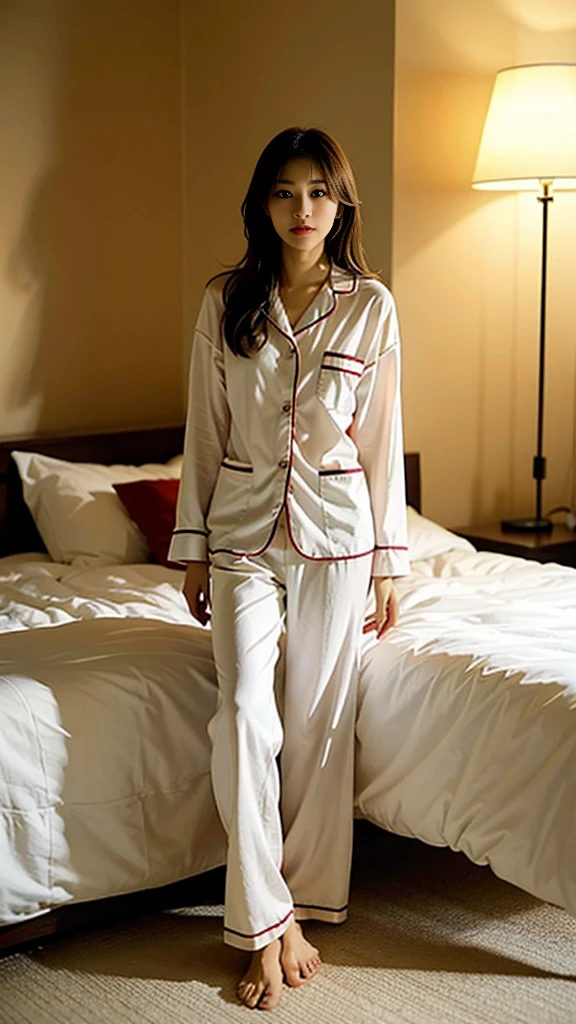 Photorealistic、
Female photos、
Akihide Tamura、pajamas、In the room、Solid color background、whole body、Long legs、Fair skin tone、White clothes、Mood Lighting、The Girl Next Door、No makeup、sweet