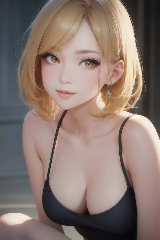 girl,Character design sheet,Beautiful attention to detail,Beautiful lip detail,Highly detailed eyes and face,Long eyelashes, Like an oil painting, art, Super detailed,Professional,Vibrant colors,Portraiture,Studio Lighting,,Physically Based Rendering,High resolution,超High resolution. Yellow Eyes, Blonde,Short Hair,smile,Fluttering Hair、Slender upper body、camisole,Beautiful legs