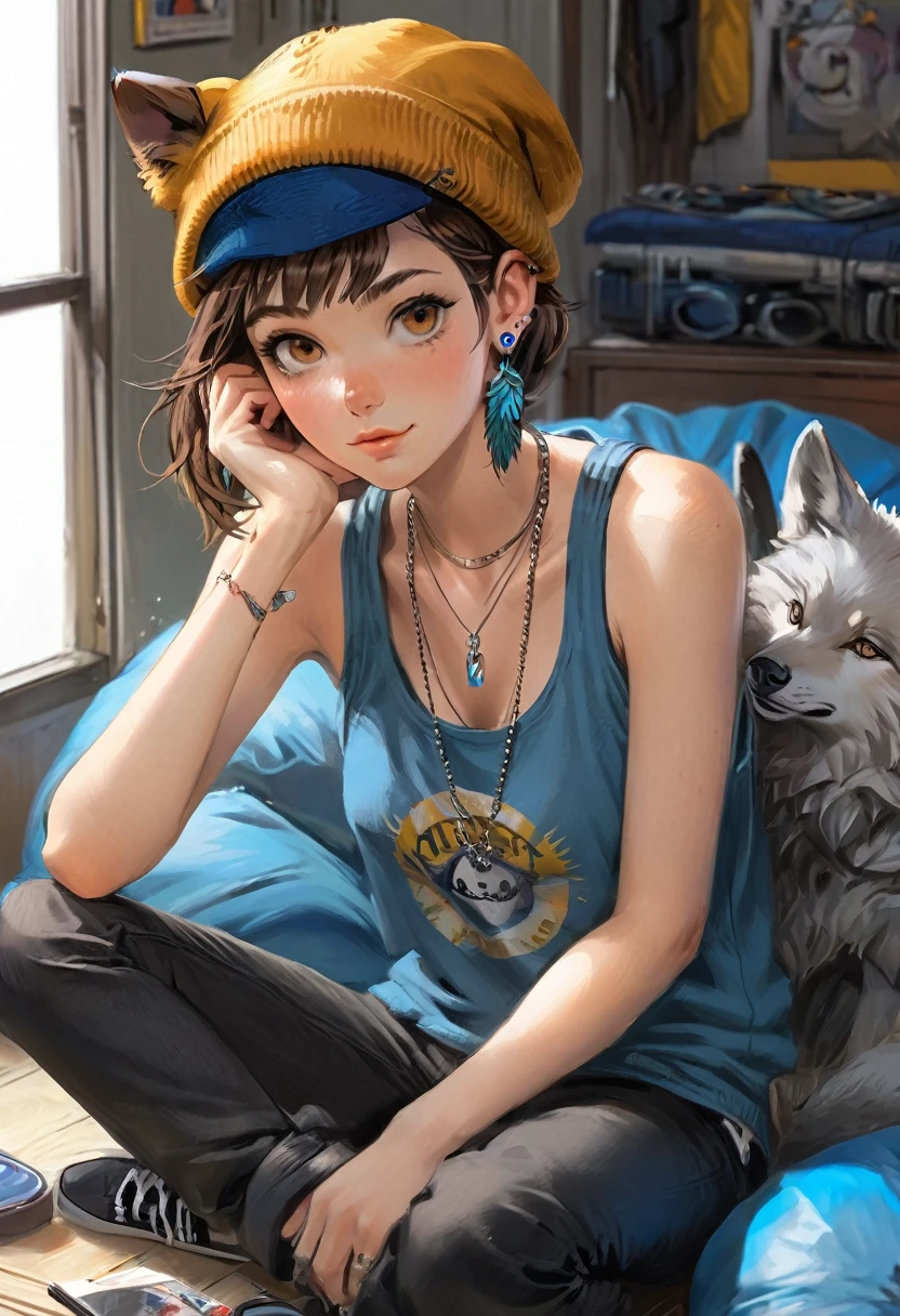 Adult female, mature, very short shaggy brown hair, wolf cut style hair, brown beanie, brown eyes, baggy hipster clothes, tanktop, hipster room, chill demeanor, nonchalant, neutral expression, one blue feather earring, leaning back on bean bag, holding lighter, fully clothed, highly detailed, specific detail, perfect detail, perfect eyes, perfect hands