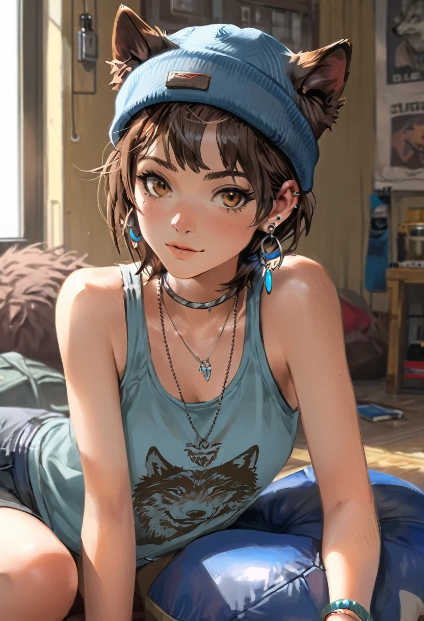 Adult female, mature, very short shaggy brown hair, wolf cut style hair, brown beanie, brown eyes, baggy hipster clothes, tanktop, hipster room, chill demeanor, nonchalant, neutral expression, one blue feather earring, leaning back on bean bag, holding lighter, fully clothed, highly detailed, specific detail, perfect detail, perfect eyes, perfect hands