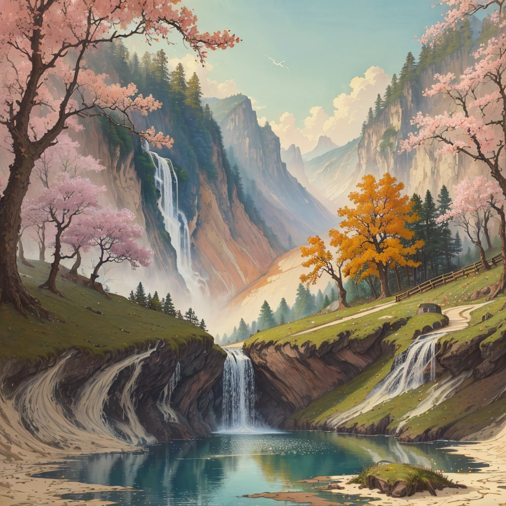 highres,absurdres,Highly detailed,ultra-fine painting,celluloid,fantasyArt,cinematic_lighting,waterfall,lake,spring,forest,chinese_style_loft,(masterpiece,high quality,best quality:1.3),sun,sky,nature,river,outdoors,cirrus,Cirrocumulus,stratus,road,flower,animals,