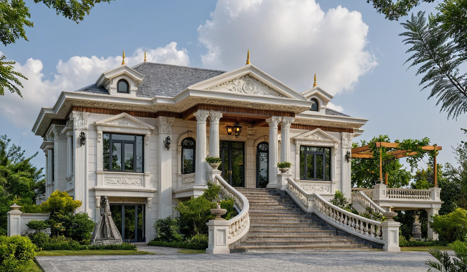 Masterpiece, high quality, best quality, authentic, super detail, outdoors, onestoreyvillaXL, aiaigroup, house style modern on the street ,stairs, white wall ,road,pavement, grass, trees, sky, cloud, (daylight:1.1)