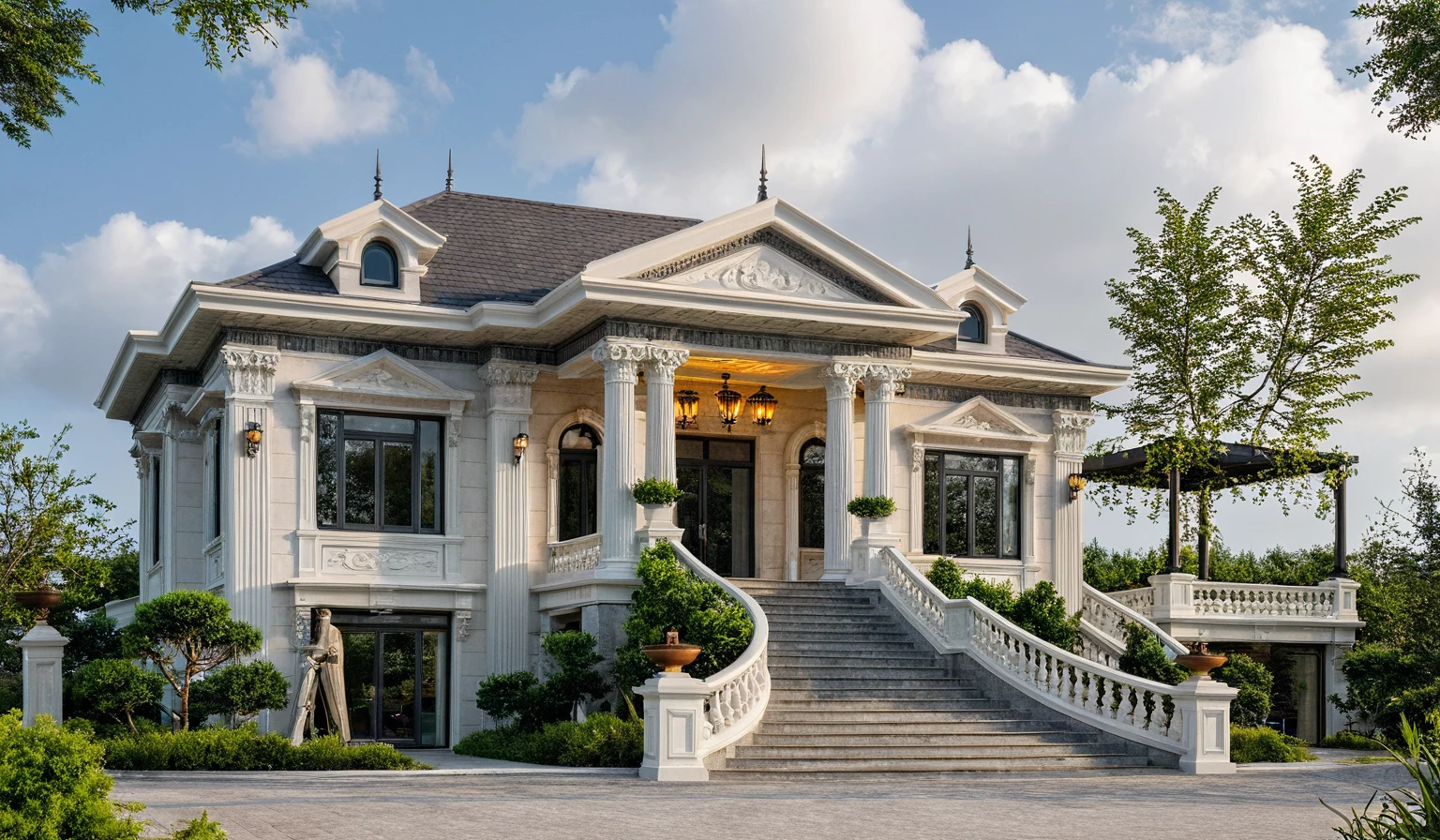 Masterpiece, high quality, best quality, authentic, super detail, outdoors, onestoreyvillaXL, aiaigroup, house style modern on the street ,stairs, white wall ,road,pavement, grass, trees, sky, cloud, (daylight:1.1)