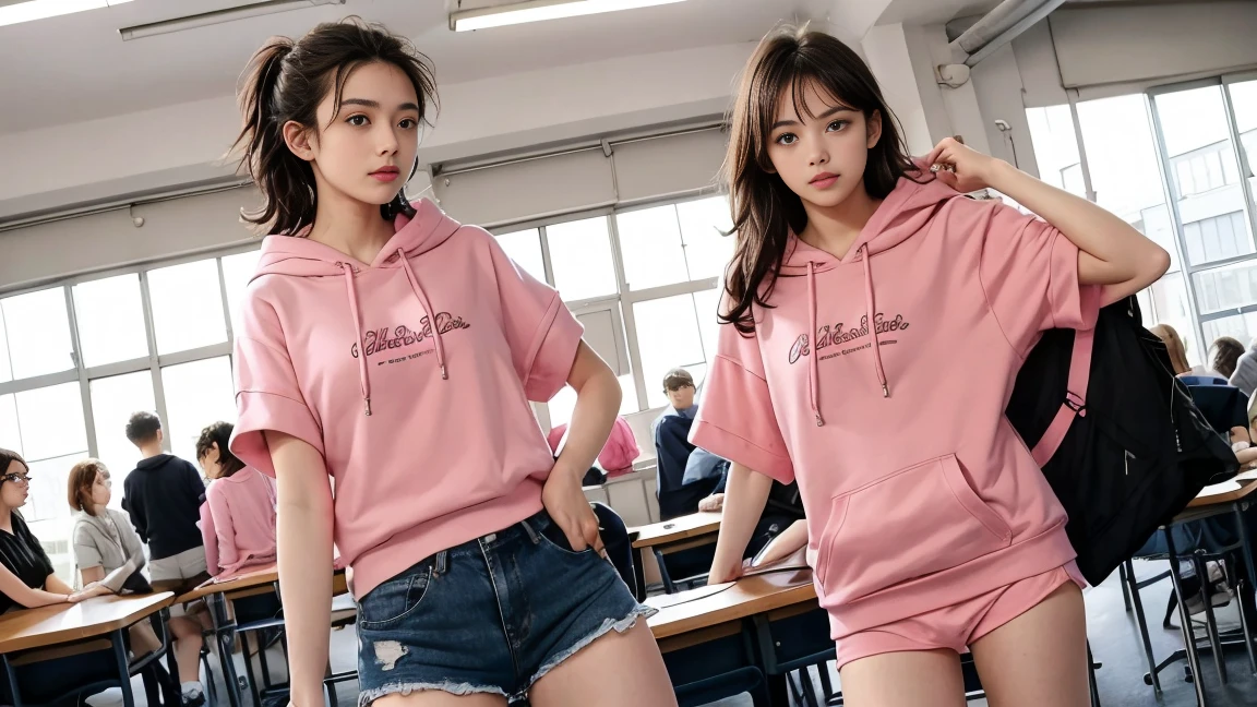 deux femmes ensemble de 18 ans sexy et mince , pink short sleeve hoodie , salle de classe, se touche,position sey,sensuel
