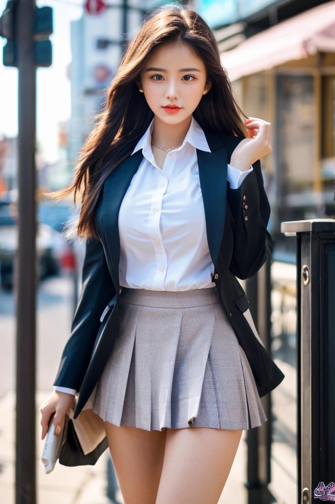 a 16 year old girl, she is the most beautiful actress in the world, the perfect body proportions of this girl with her large breasts, the formal shirt and the blazer are worn on her upper body, her crotch area of the panties between her bare legs are hardly hidden by the short skirt, only the front of her body is seen, she is standing straight at the street, nsfw, best quality, highly detailed, masterpiece, ultra high res, photo realistic, 8k, RAW photo