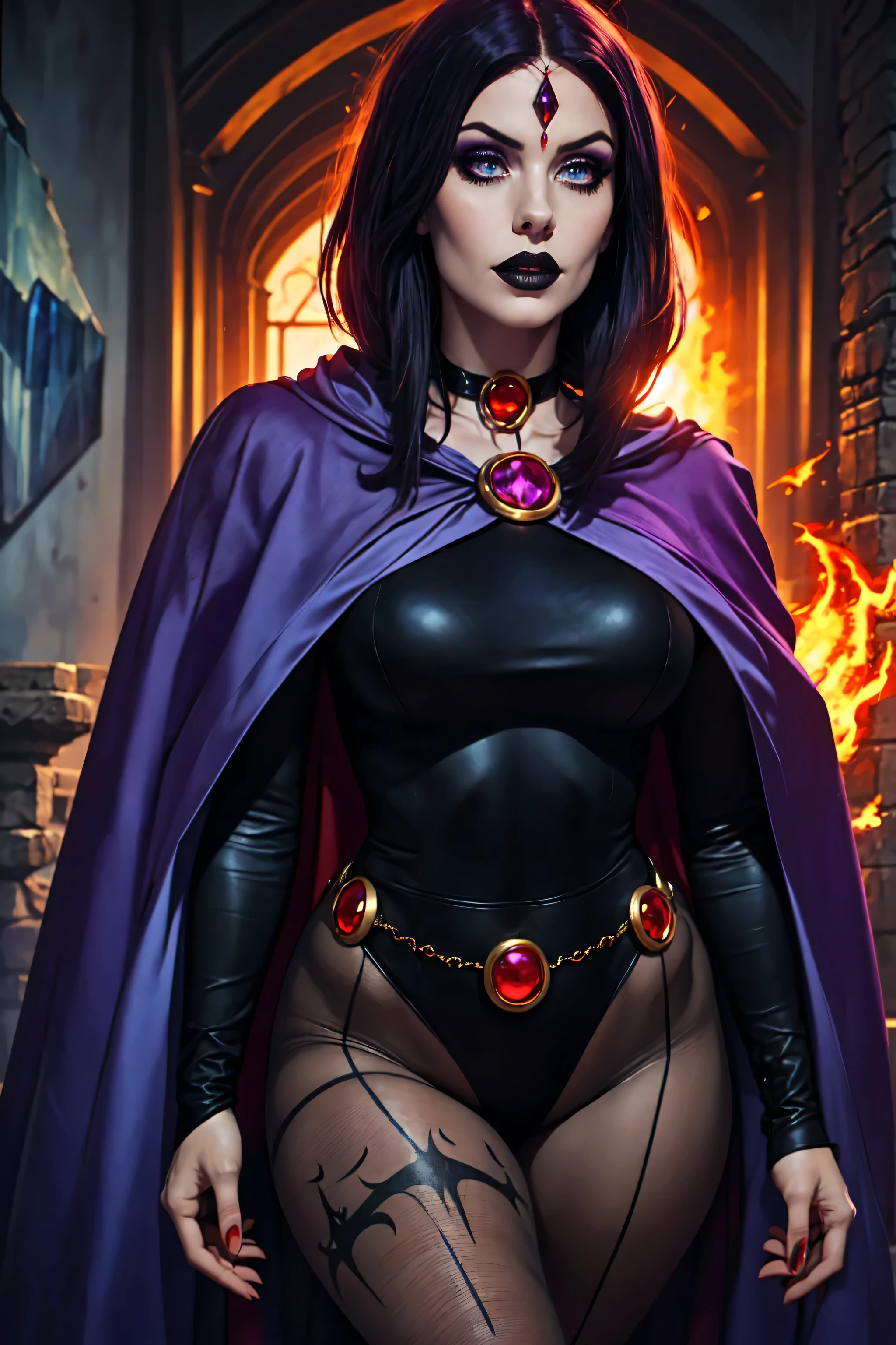 (Best Quality, 8k, Masterpiece, UHD), (Photo of Attractive Caucasian Gothic model Woman with tattoos), solo 1Girl as Raven, ((gemstone on forehead)), heavy makeup , cape, choker,very pale skin,Ultra Detailed Face, Detailed Lips, Fine Eyes, black lipstick, Fine Eyes, whole body, walking on fire