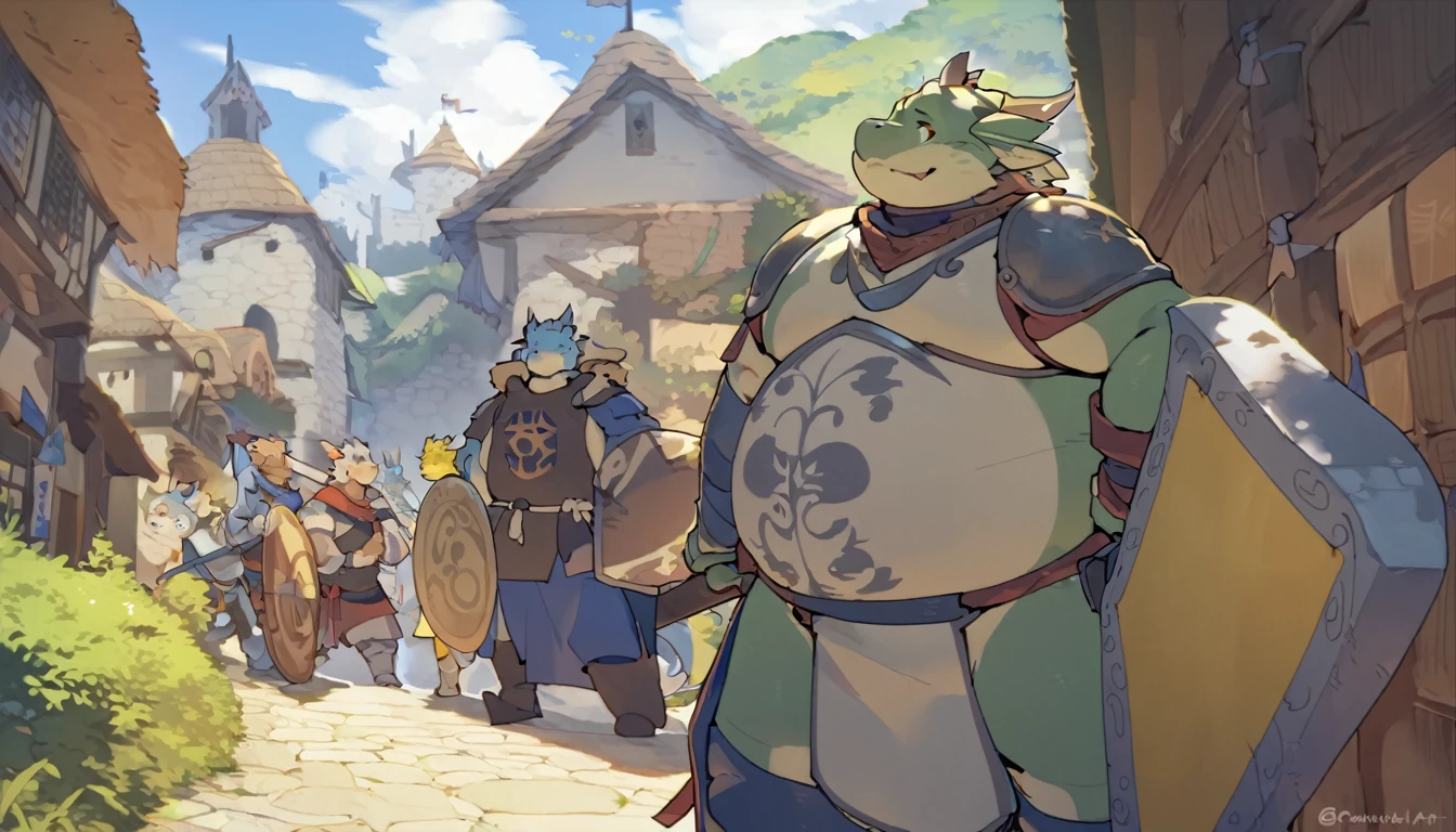 Dragon, male, furry anime,fat, chubby,main character,perfect body, detailed face,paladin,wearing Medieval adventure equipment ,A heavy greatsword on the back, Holding a large shield , medieval times, village,anthro,doujin,yaoi,fantasy world ,isekai, adventure,boukensha, masterpiece, Sinematic lighting,accurate, extremely detailed,artstation artwork,by quanjiang ,by @fansl_art 