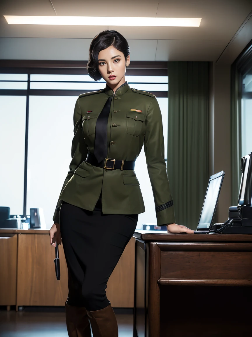 (full body,In the office,a Chinese beauty wearing a uniform,with perfect facial features,hot ass giri,lipstick,red lips,(Retro finger waves),finger waves,Deep olive green tight fitting wool jacket,a brown-green shirt,wearing (Black uniform tie),Deep Olive Green Wool Pencil Skirt,(Black high heeled knee high boots),full body,Sitting in front of the computer,sitting in an office chair,making phone calls,(Her boyfriend is standing across from her,) a girl,a boy,full body,office,night,bright lighting,Best quality,masterpiece,ultra highs,(photosensitive:1.4),8k portal of beautiful,integrated,elegantly,highly detailed,Majestic,art by artwork and run jia and greg rutkowski,(masterpiece, sidelighting, finely detailed beautiful eyes:1.2),HDR,Detailed background,military_uniform,telephone microphones hanging under the desk,telephone,