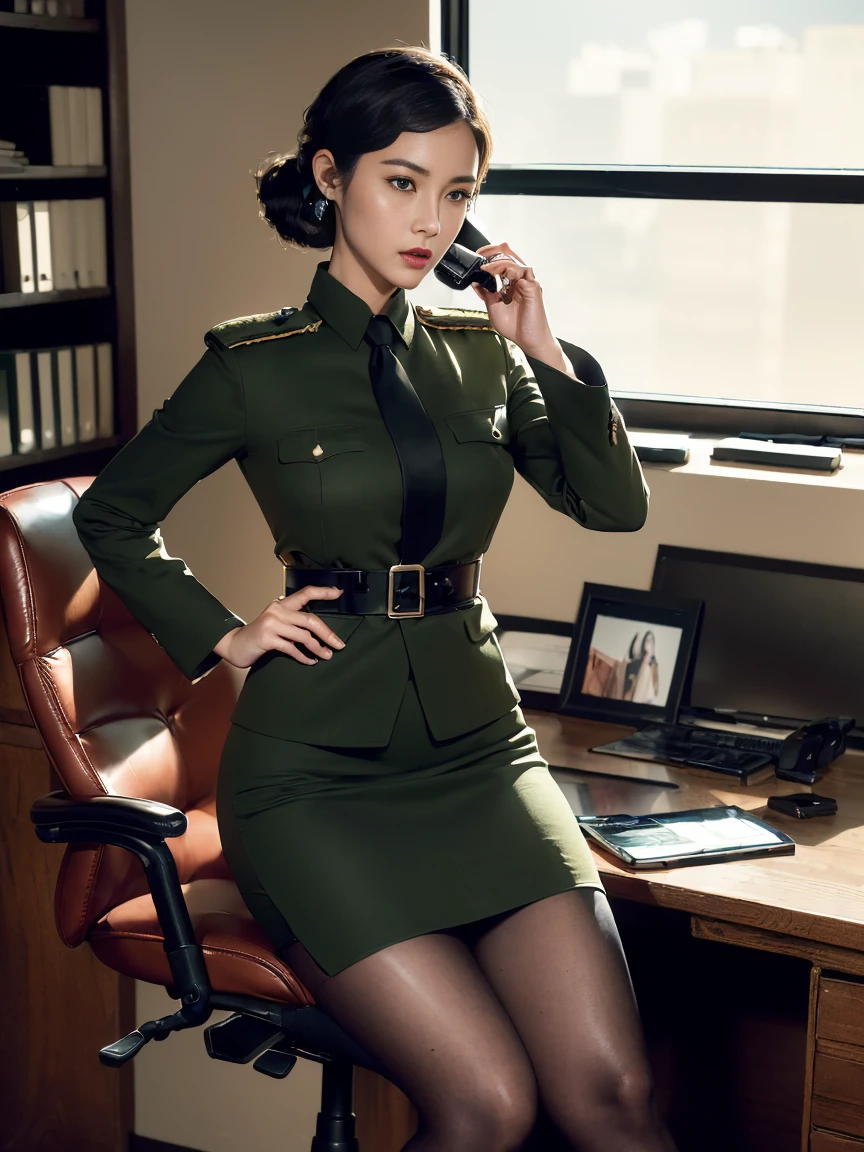 (full body,In the office,a Chinese beauty wearing a uniform,with perfect facial features,hot ass giri,lipstick,red lips,(Retro finger waves),finger waves,Deep olive green tight fitting wool jacket,a brown-green shirt,wearing (Black uniform tie),Deep Olive Green Wool Pencil Skirt,(Black high heeled knee high boots),full body,Sitting in front of the computer,sitting in an office chair,making phone calls,(Her boyfriend is standing across from her,) a girl,a boy,full body,office,night,bright lighting,Best quality,masterpiece,ultra highs,(photosensitive:1.4),8k portal of beautiful,integrated,elegantly,highly detailed,Majestic,art by artwork and run jia and greg rutkowski,(masterpiece, sidelighting, finely detailed beautiful eyes:1.2),HDR,Detailed background,military_uniform,telephone microphones hanging under the desk,telephone,