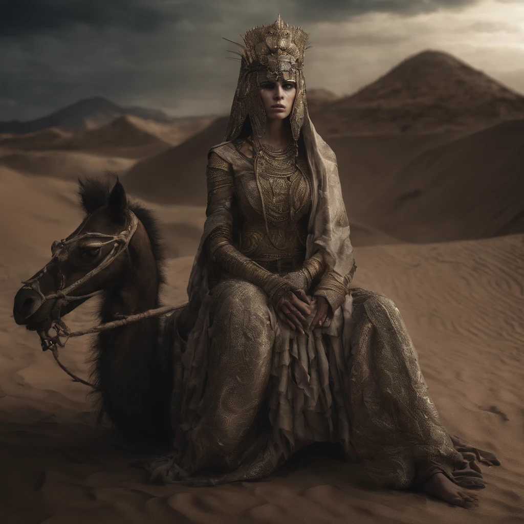 high quality,8k,detailed,photorealistic,masterpiece,digital painting,concept art,beautiful detailed desert princess,full body shot,intricate detailed clothing,exquisite ornate accessories,pointing something with finger, detailed face, desert landscape background,dramatic lighting,warm color tones,cinematic composition,volumetric lighting,atmospheric haze, 8k, uktra-setailed