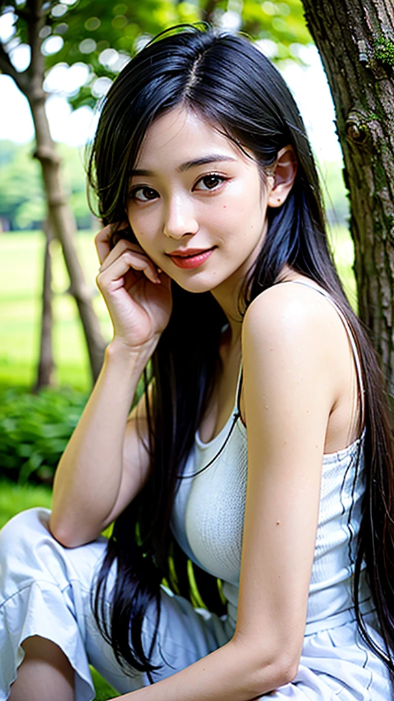 A beautiful and cute girl, full body photo, extremely beautiful and delicate, black hair, sweet smile, delicate beautiful fair skin, realistic and realistic, exquisite and complete facial features, detailed facial portrayal, high nose bridge, flowing smooth hair, extremely delicate hair, soft temperament, face light, tall, thin, real, hyper-real, full-body lens, forward tilt angle, ultimate picture quality, highest precision, accurate and perfect human body structure. Blue sky and white clouds, sitting in the woods, blue sky and white clouds, sunlight,