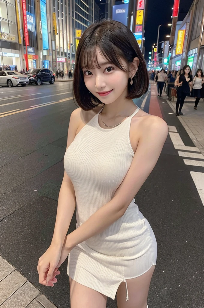(8k, RAW photo, top quality, masterpiece: 1.2), (realistic, photorealistic: 1.37), three-dimensional, ultra detail, ultra high resolution, beautiful detailed face, one girl, beholder, constriction, slim waist, beautiful detailed skin, skin texture, floating hair, professional lighting, (Japanese beautiful and cute girl:1.2), long hair, bob cut, beautiful hair, 20 years old, attractive breasts, (round breasts:1.2), (huge breasts:1.2), look at viewer, full body, in the city sidewalk, (smiles:1.1), bracelet, earing, necklace, (dress, short dress), (looking back:1.4)