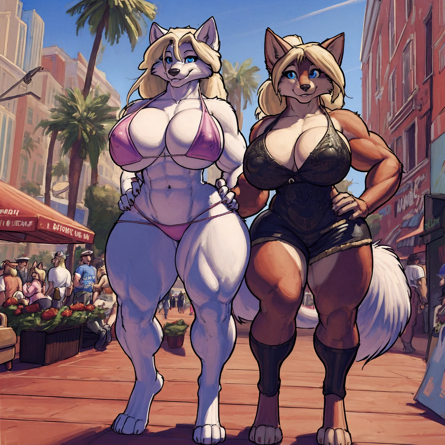 by darkgem, by duase, by meesh, by gideon, by BNG, (twins:1.5), two girls, curvy, arctic fox, white fur, female, athletic figure, furry body, hyper hips, thick thighs, big arms, accurate hands, (large breasts:1.1), heavy breasts, nipple outline, blue eyes, highly detailed eyes, blonde hair, long hair, pigtails, young, , cleavage, large areolae, micro bikini, Masterpiece, best quality, absurd res, highly detailed, cleanly drawn eyes, anthro only, (figures in background:1.4), (detailed background:1.2), (detailed figures in background:1.2), boardwalk, los angeles, summer, bright day, smile, standing upright, bare paws, digitigrade,