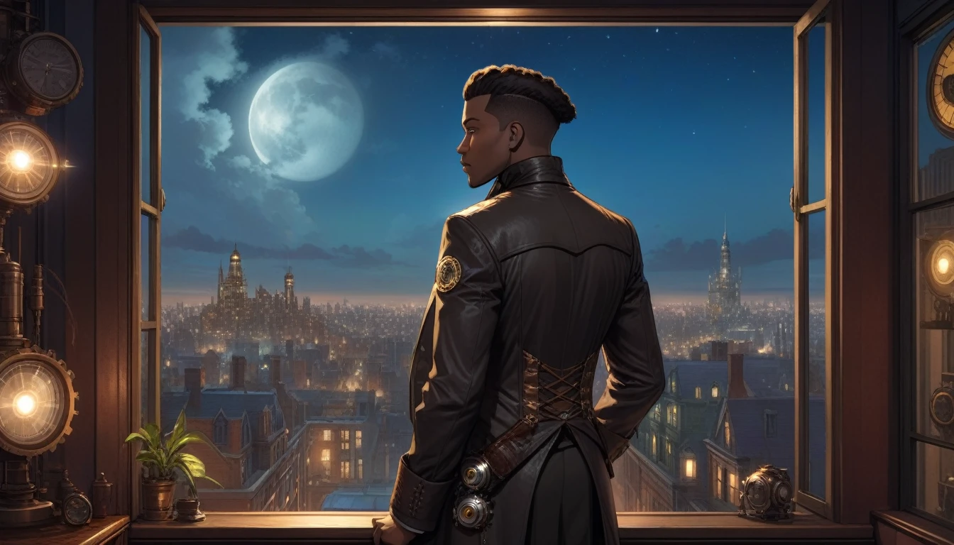 at night, front view of a black man overlooking a city out of a large window in a steampunk 20th century apartment 