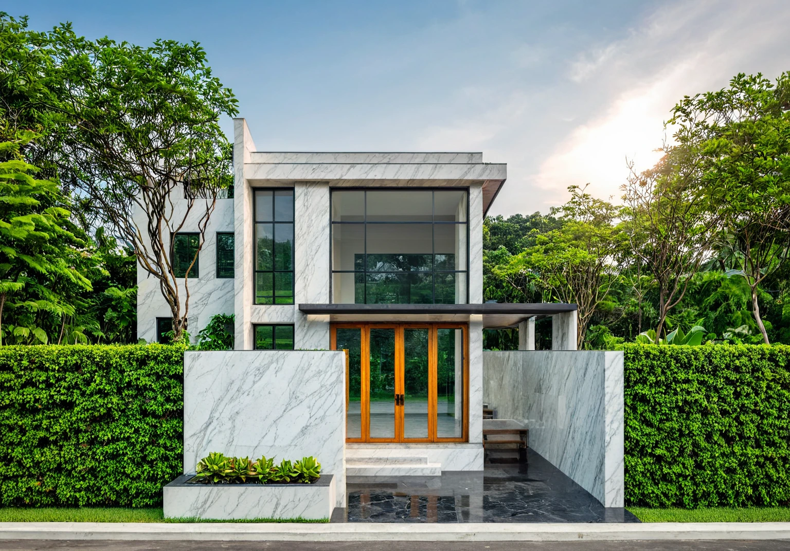 masterpiece, best quality, exterior design, (sunset), one-story modern house in Vietnamese village, marble, steel, modern light-colored granite facade and white walls, wooden ceiling , large glass, modern minimalist style, green shrubs and tropical plants background, large doors and windows.