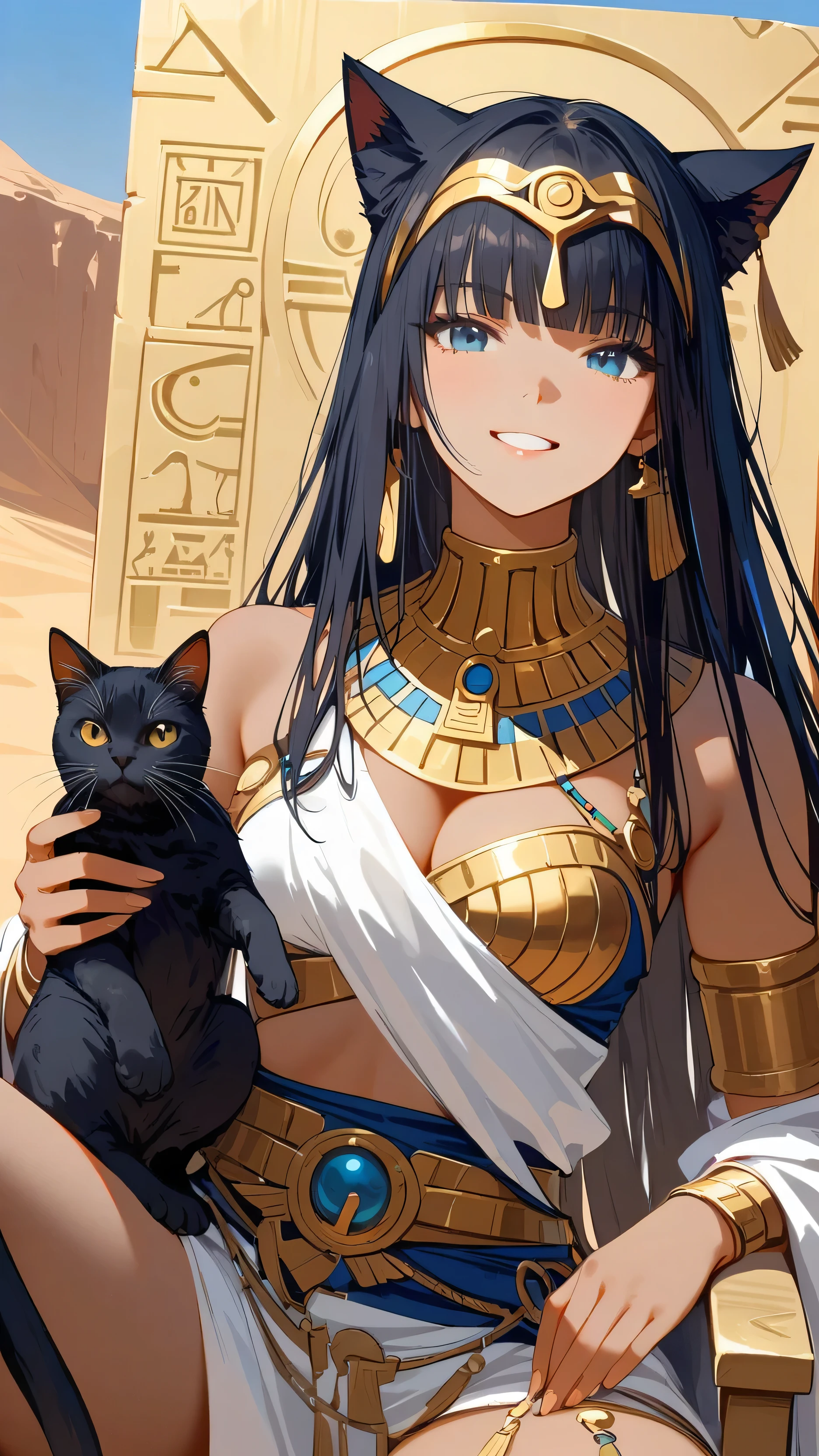 (masterpiece, best quality:1.2, absurdres,)(1girl, solo, long hair, blunt bangs,straight hair, blue eyes,  dark skin, smile, gold tiara, gold cat ears, hieroglyphics ,uraeus, eye of horus, usekh collar, egyptian clothes, egyptian, desert, sitting on throne, holding cat, black cat)