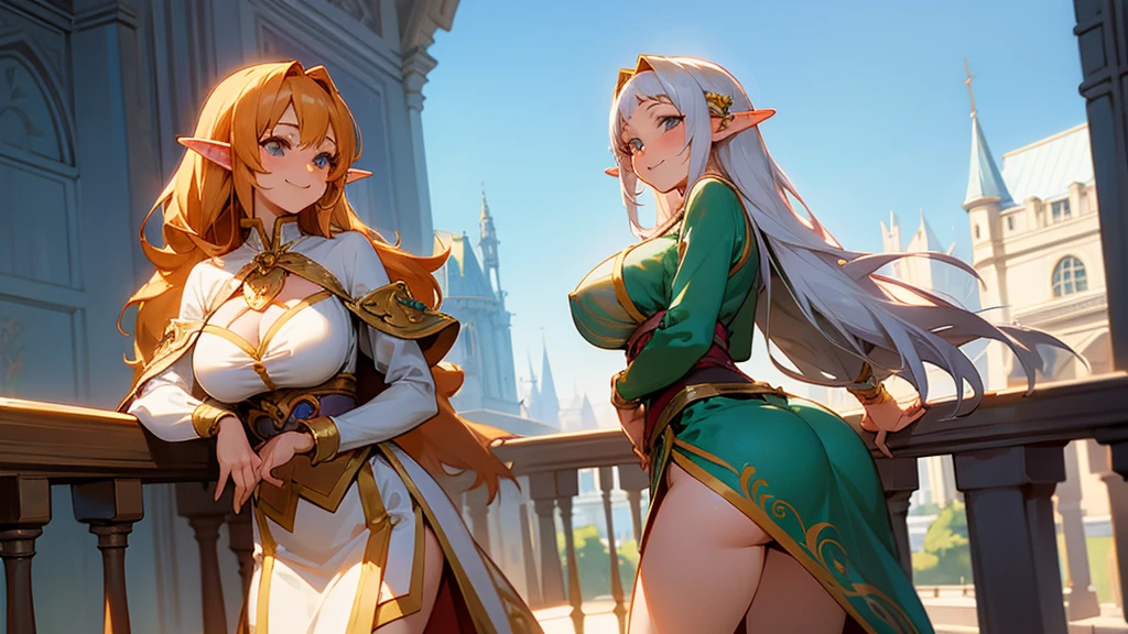 Anime Style,A detailed background with many people,Magical World,People on the balcony,Smiling Bard Elf,Mature Woman,Large Breasts,Protruding buttocks