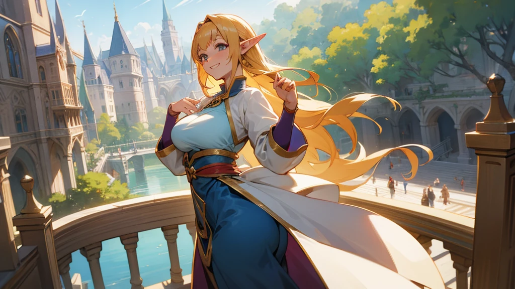 Anime Style,A detailed background with many people,Magical World,People on the balcony,Smiling Bard Elf,Mature Woman,Large Breasts,Protruding buttocks