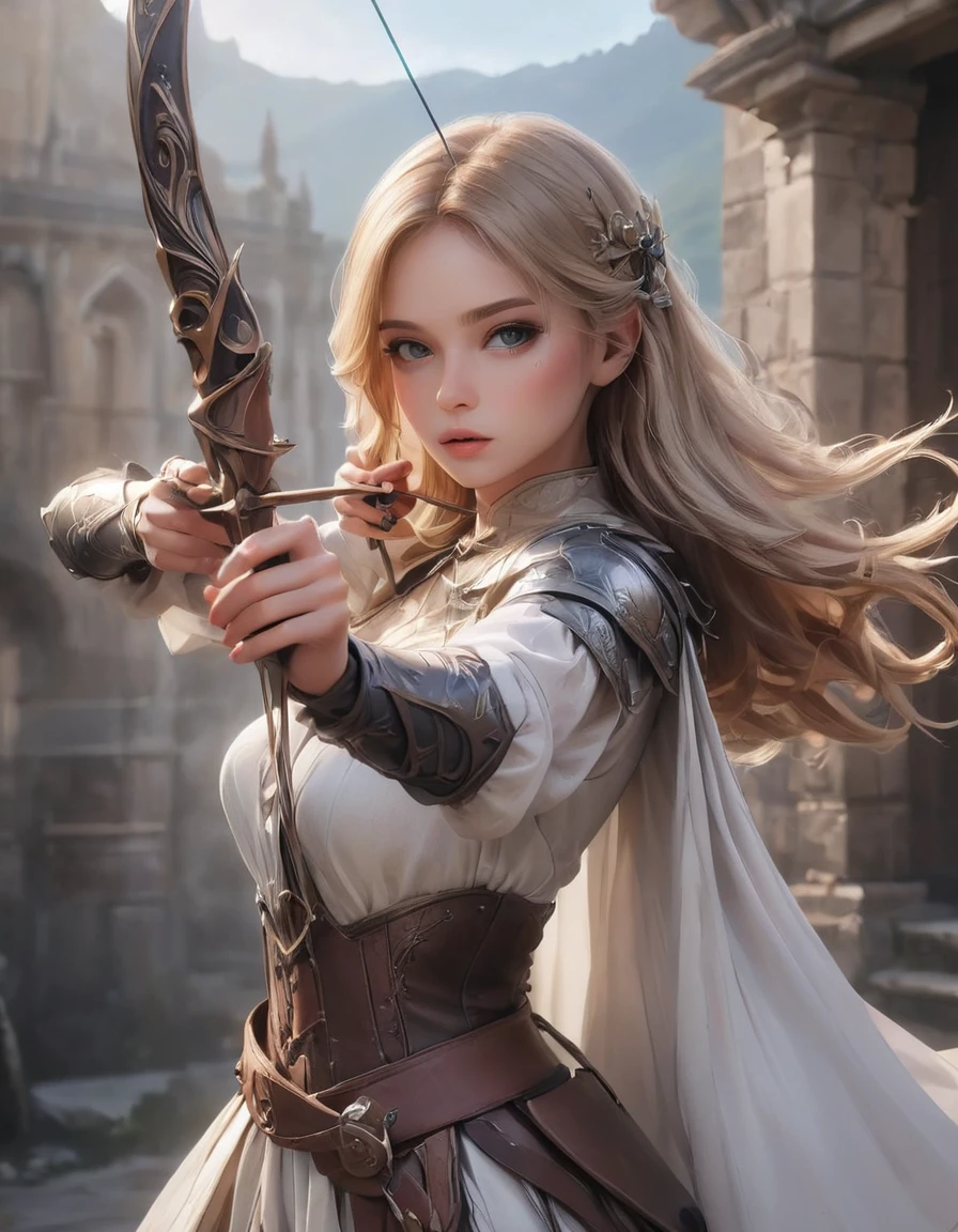 Woman shooting a bow, Large Bow and Arrow, Take aim, longbow , Aiming with a bow, Delicate expression, Perfect hands(Five fingers), Beautiful Hair, Shiny Hair, Beautiful Skin, Detailed face and eyes, Glossy Lips, Medieval Fantasy, Dramatic lighting, Film composition, Dramatic pose, Medieval Armor, Intricate details, Dramatic atmosphere, Moody lighting, an epic fantasy, Very detailed, cinematic, dramatic, powerful, strong, (Highest quality:1.2, Very detailed, Latest, Vibrant, Ultra-high resolution, High Contrast, masterpiece:1.2, Highest quality, Best aesthetics),