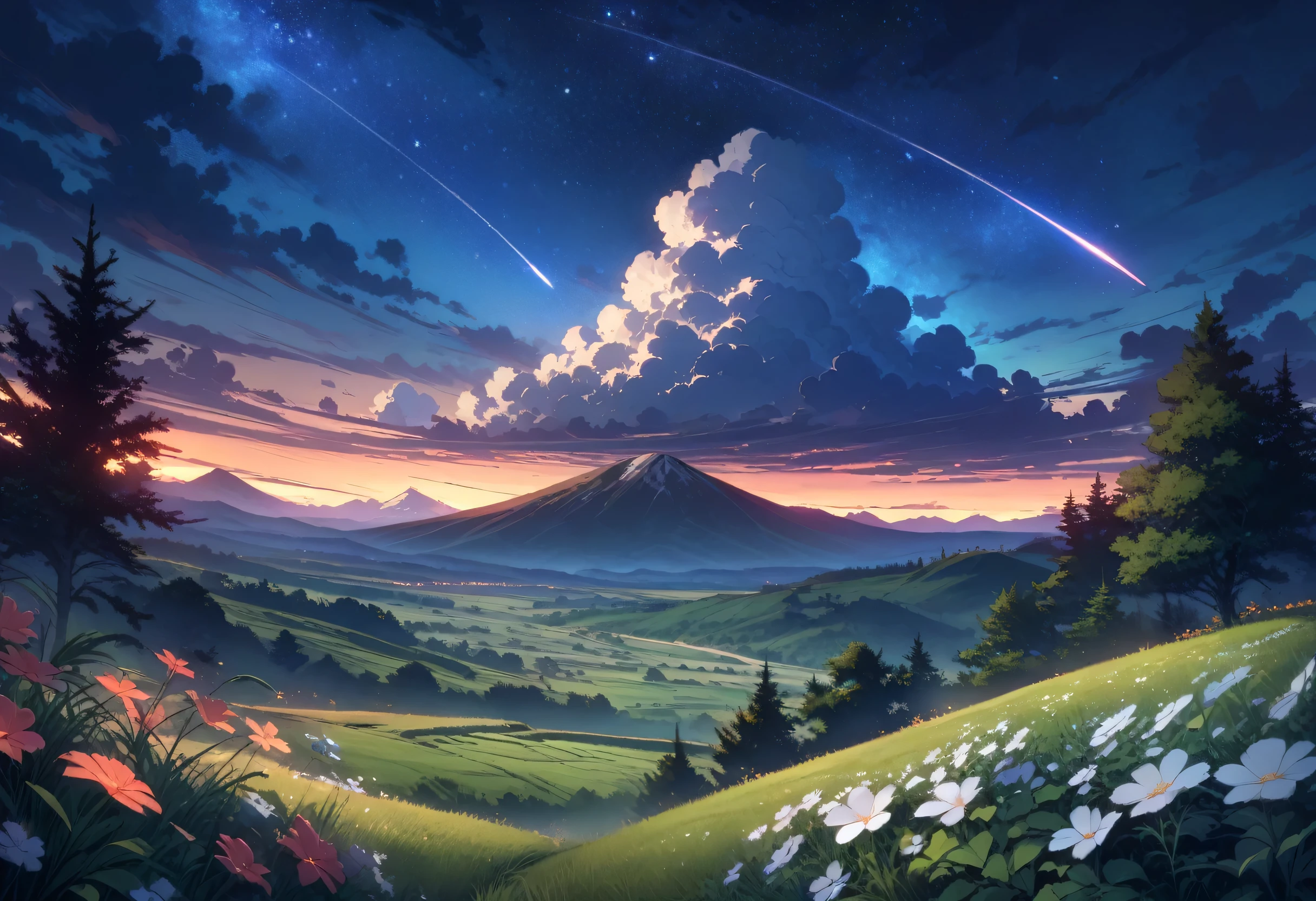 landscape, outdoor, Sky, cloud, No humans, Star \(Sky\), Mountain, Mountainous horizon, flower, Starry Sky, Grass, landscape, shooting Star, nature, Tree, blue Sky, Sunset, cloudy Sky, site, night, night Sky, plant, HILL, night, cumulonimbus cloud, masterpiece, best quality, very aesthetic, absurd,
