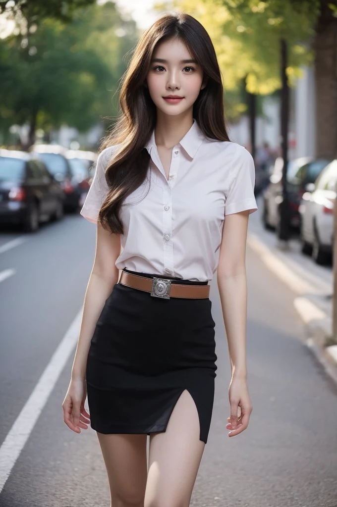 Masterpiece, best quality, 8K, photorealistic, anatomically correct, depth of field, Young Thai woman, 21 years old, My hair is long and wavy., brown hair, shy expression , Eyes on the camera, Long eyelashes, plump lips, cheekbone, small nose, Short chin, Smooth and soft skin, long neck, The figure is very thin., Dark eyebrows, Blush red cheeks, Eyes on the camera, smile a little, small breasts, white short sleeve shirt, collar shirt, women belt, black short pencil skirt, very short, side slit, Long, slender legs, full body, Walking in the middle of a street crowded with people in university