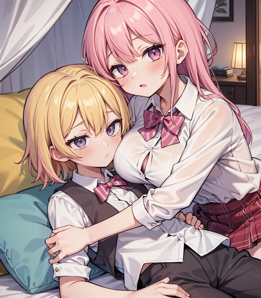 masterpiece, Highest quality, so beautiful, absurdists,High resolution,One girl, One boy,Cuddling in bed, like,sexly,Look at each one, blush,Age difference,bow tie,blondes,chest,Long Hair,Pink Hair,Tucked in shirt,short hair,skirt,Tent shirt,Slut,Big breasted sister and brother,Siblings, trousers,Pushing her big tits against her brother,(My brother's small erect penis),((((姉のvery huge breasts,Sister crushes her big tits in her brother's face)))),(((((Very huge breasts))))),(((((small penis,NSFW,Soft Very HUGE breasts))))),((Bursting Breasts,弟の顔を隠すHuge breasts)),((((((((Huge breasts,Large Breasts,とてもLarge Breasts、すごくLarge Breasts、とてつもなくLarge Breasts)))))))),Two people gazing at each other,puffy nipples,(Face crushed by ,Huge breastsを弟の体に乗せる),huge breasts