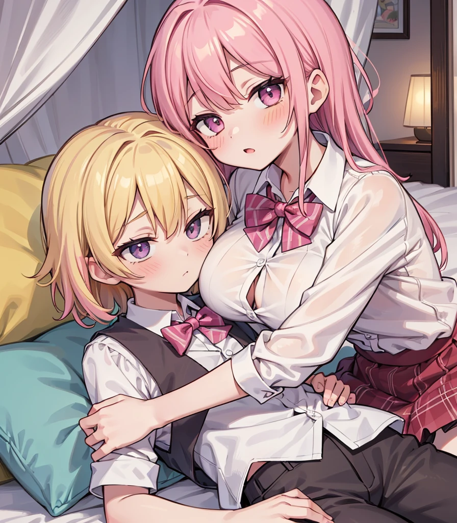masterpiece, Highest quality, so beautiful, absurdists,High resolution,One girl, One boy,Cuddling in bed, like,sexly,Look at each one, blush,Age difference,bow tie,blondes,chest,Long Hair,Pink Hair,Tucked in shirt,short hair,skirt,Tent shirt,Slut,Big breasted sister and brother,Siblings, trousers,Pushing her big tits against her brother,(My brother's small erect penis),((((姉のvery huge breasts,Sister crushes her big tits in her brother's face)))),(((((Very huge breasts))))),(((((small penis,NSFW,Soft Very HUGE breasts))))),((Bursting Breasts,弟の顔を隠すHuge breasts)),((((((((Huge breasts,Large Breasts,とてもLarge Breasts、すごくLarge Breasts、とてつもなくLarge Breasts)))))))),Two people gazing at each other,puffy nipples,(Face crushed by ,Huge breastsを弟の体に乗せる),huge breasts