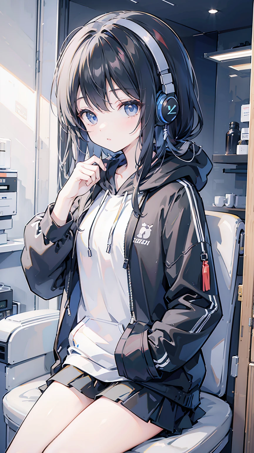 Ai Tanabe,Black hoodie,Headphones,one's home,Private room,night,There is a cat in the picture