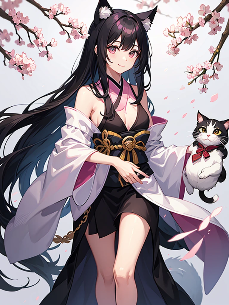 best quality, character design sheet, adult woman、No hat on, Black and pink hair, whole body, Head to Toe, Fortuneteller、Standing facing forward, Beautiful black dress, long Black Hair, Pure white background, from front, best quality, Cherry blossom pattern、Japanese、Adult Japanese、Clear eyes、Standing facing forward、The face is facing forward、holding a magic card in hand、White background、Smiling face、Black western dress、Neutral face、Black hair with pink inner color、Wearing a Japanese kimono、I don't need cat ears