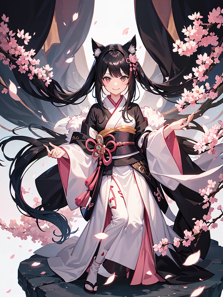 best quality, character design sheet, adult woman、No hat on, Black and pink hair, whole body, Head to Toe, Fortuneteller、Standing facing forward, Beautiful black dress, long Black Hair, Pure white background, from front, best quality, Cherry blossom pattern、Japanese、Adult Japanese、Clear eyes、Standing facing forward、The face is facing forward、holding a magic card in hand、White background、Smiling face、Black western dress、Neutral face、Black hair with pink inner color、Wearing a Japanese kimono、I don't need cat ears