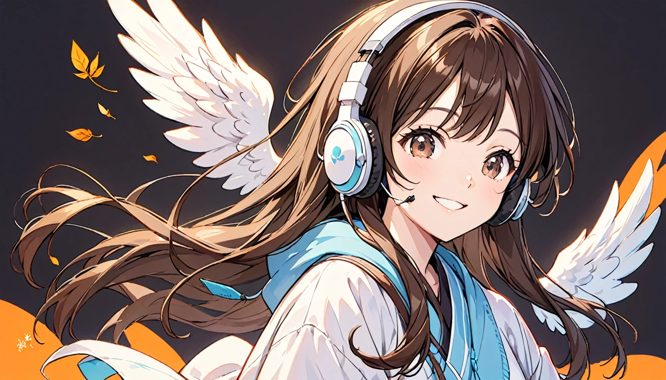 Girl wearing headphones,Brown Hair,1 person,Leave the background to us,Smiling Face,wing,To the tip of the head,Long Hair,