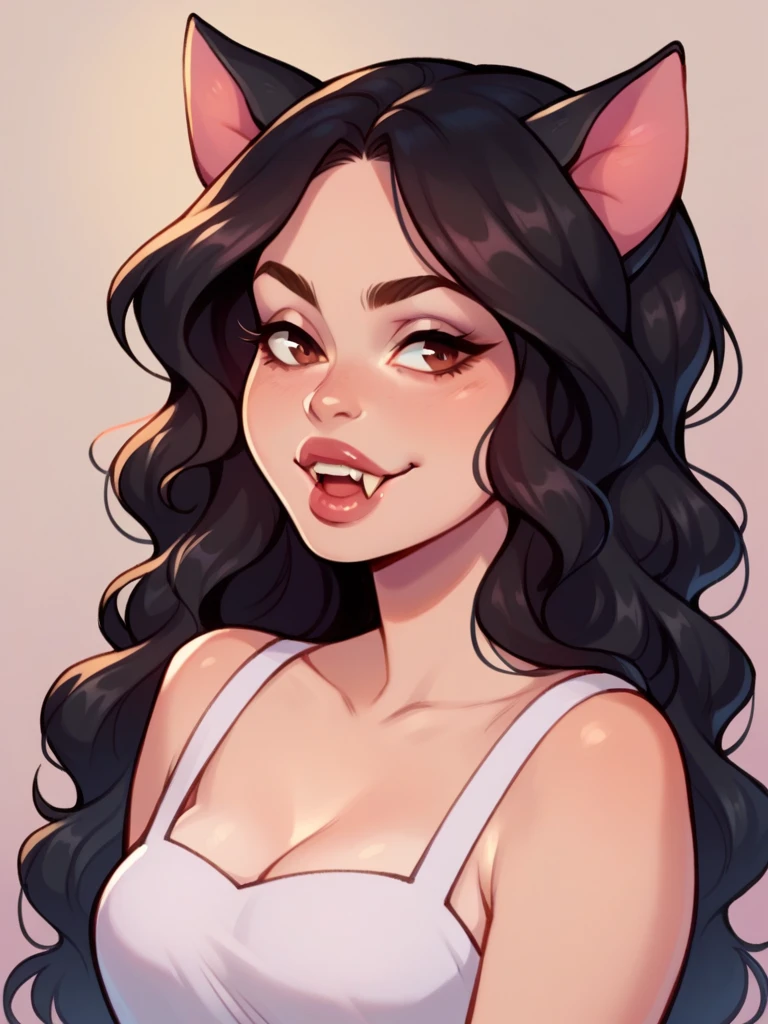 Half body, A beautiful woman, long wavy black hair, brown eyes, casual clothing, cat ears and tail, fangs, horns, sexi, thick lips